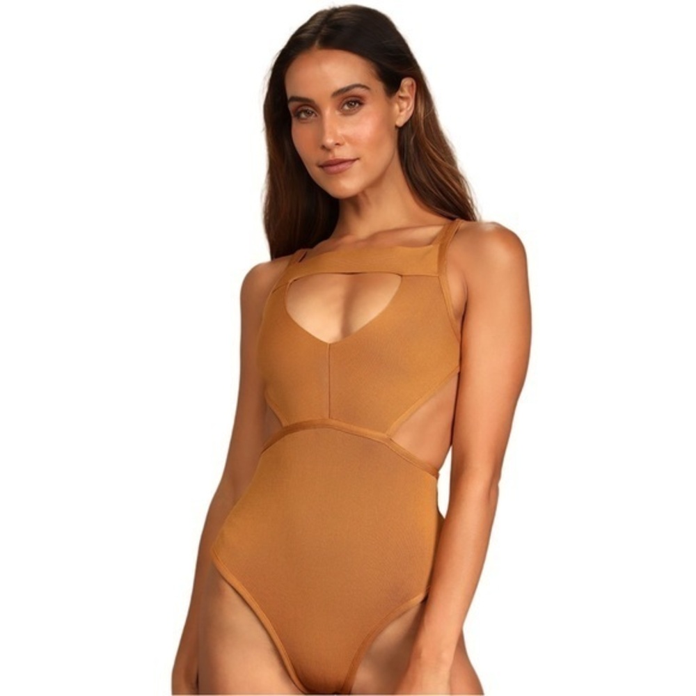 Lulu’s Cutout Bandage Backless Bodysuit Camel Brown Mustard
